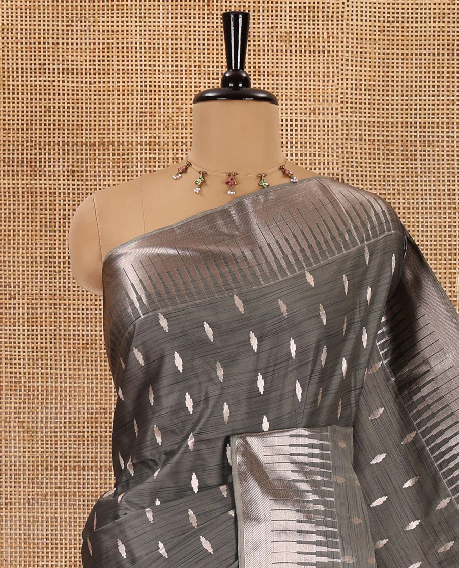 Grey zari buttas woven Luxury soft silk saree, temple zari border, contrast pallu of intricate zari designs, and zari design blouse - Image 2