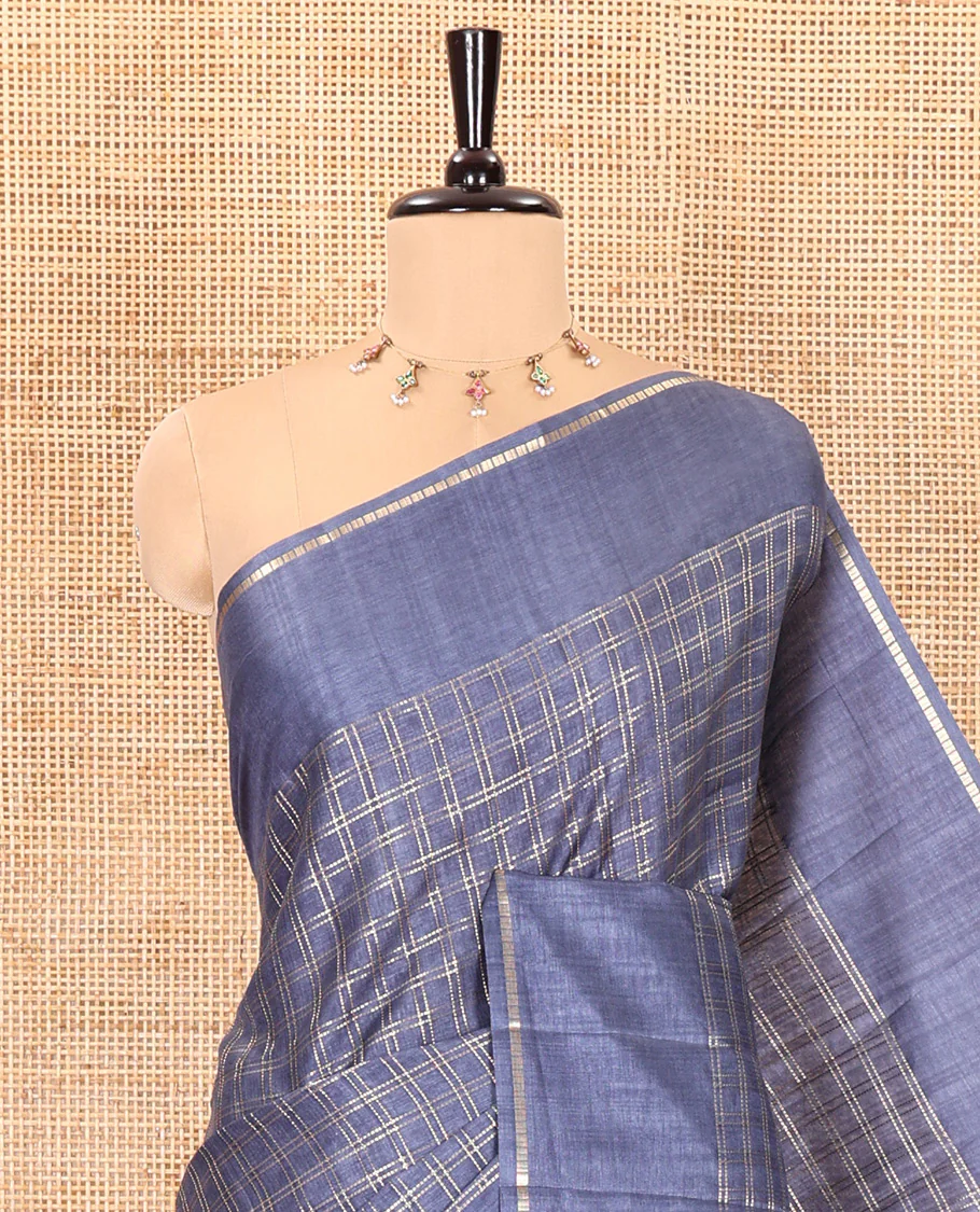 Grey zari checked fancy tussar silk saree, zari striped border, plain pallu, and a matching blouse - Image 2