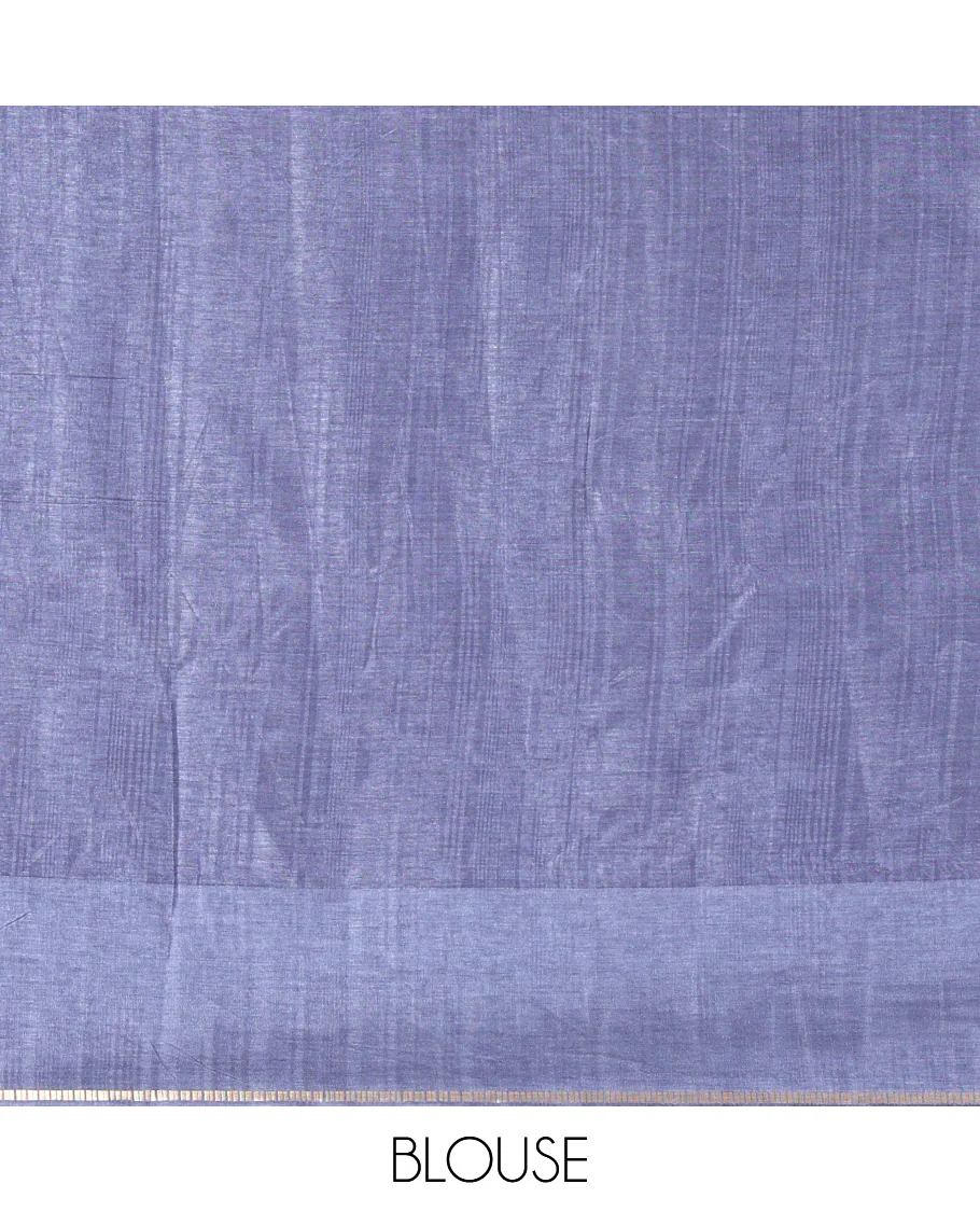 Grey zari checked fancy tussar silk saree, zari striped border, plain pallu, and a matching blouse - Image 3