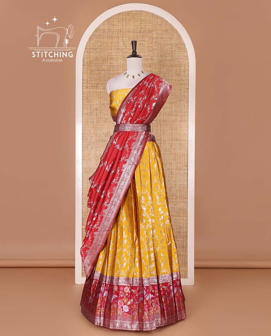 Haldi yellow taffeta silk half saree, floral jaal jacquard skirt, contrast magenta zari meenakari style bird border, matching blouse, and floral jaal dhavani - Image 3