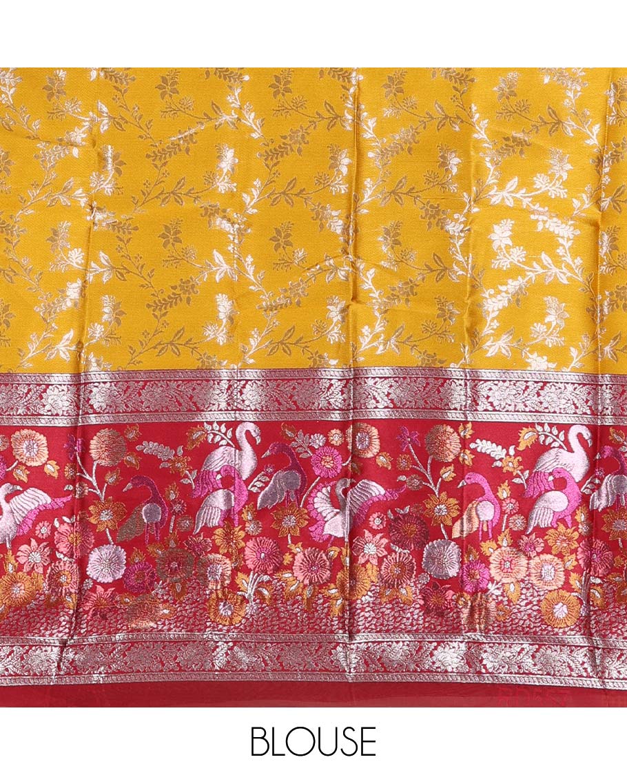 Haldi yellow taffeta silk half saree, floral jaal jacquard skirt, contrast magenta zari meenakari style bird border, matching blouse, and floral jaal dhavani - Image 4