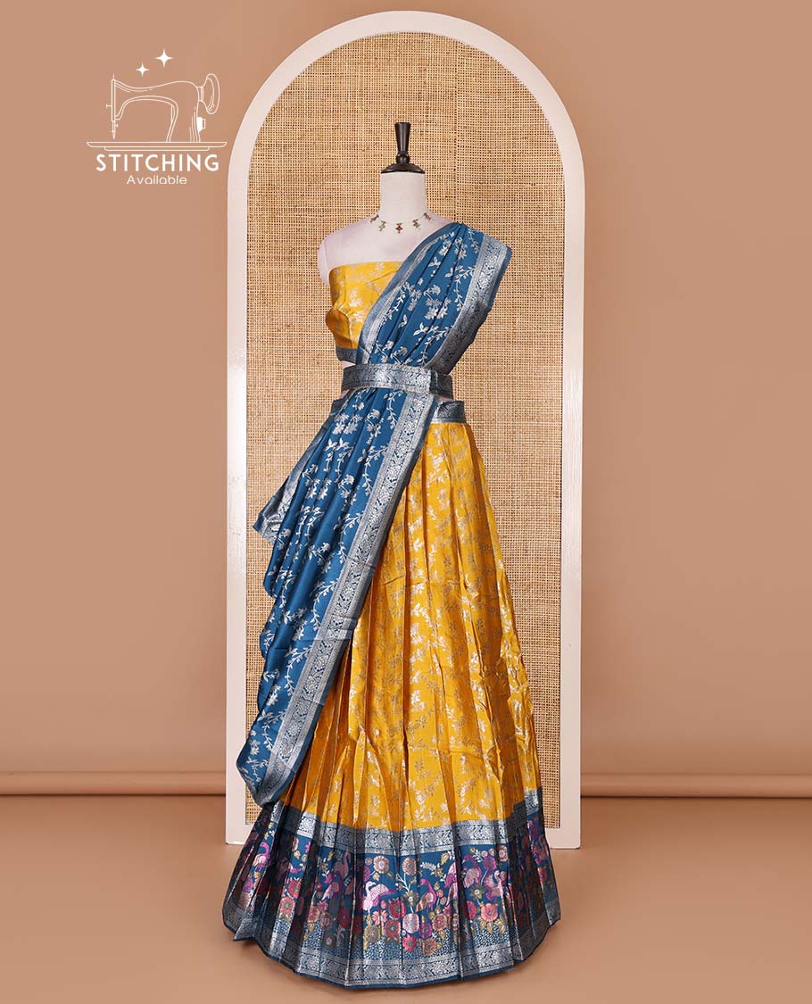 Haldi yellow taffeta silk half saree, floral jaal jacquard skirt, contrast wine zari meenakari style bird border, matching blouse, and floral jaal dhavani - Image 3