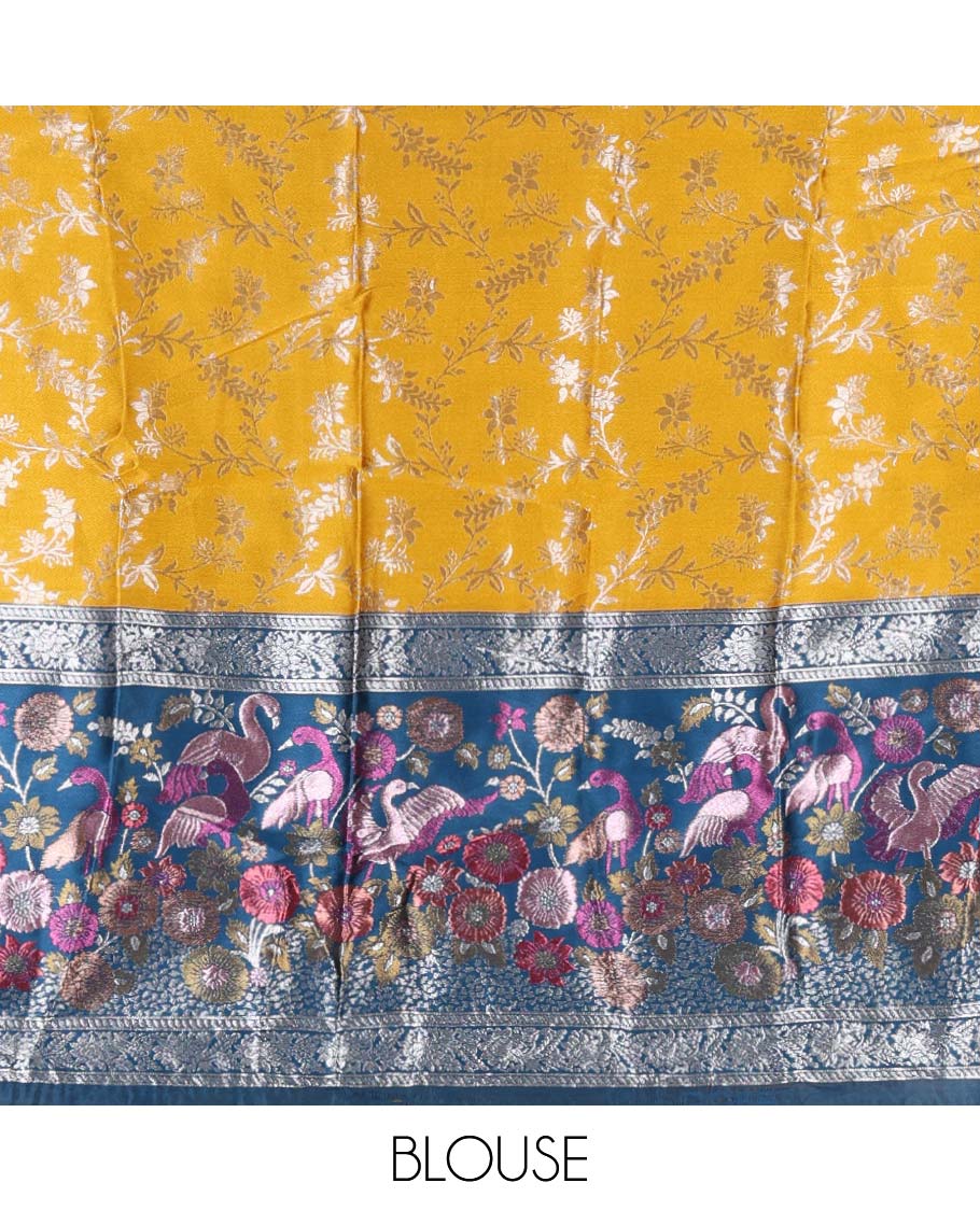 Haldi yellow taffeta silk half saree, floral jaal jacquard skirt, contrast wine zari meenakari style bird border, matching blouse, and floral jaal dhavani - Image 4