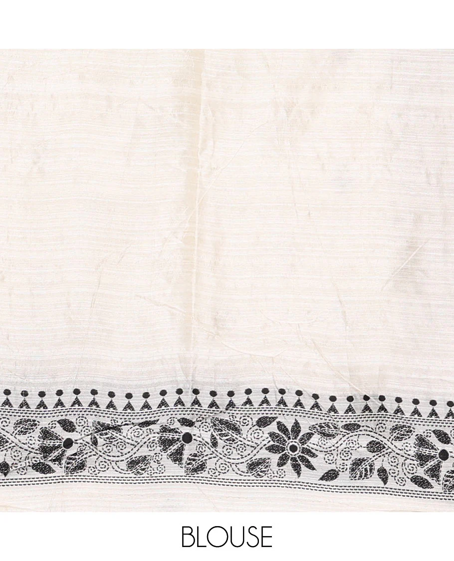 Half-white and black floral thread buttas woven jute cotton saree, floral thread weave border, floral-paisley weave pallu, and a matching blouse - Image 4