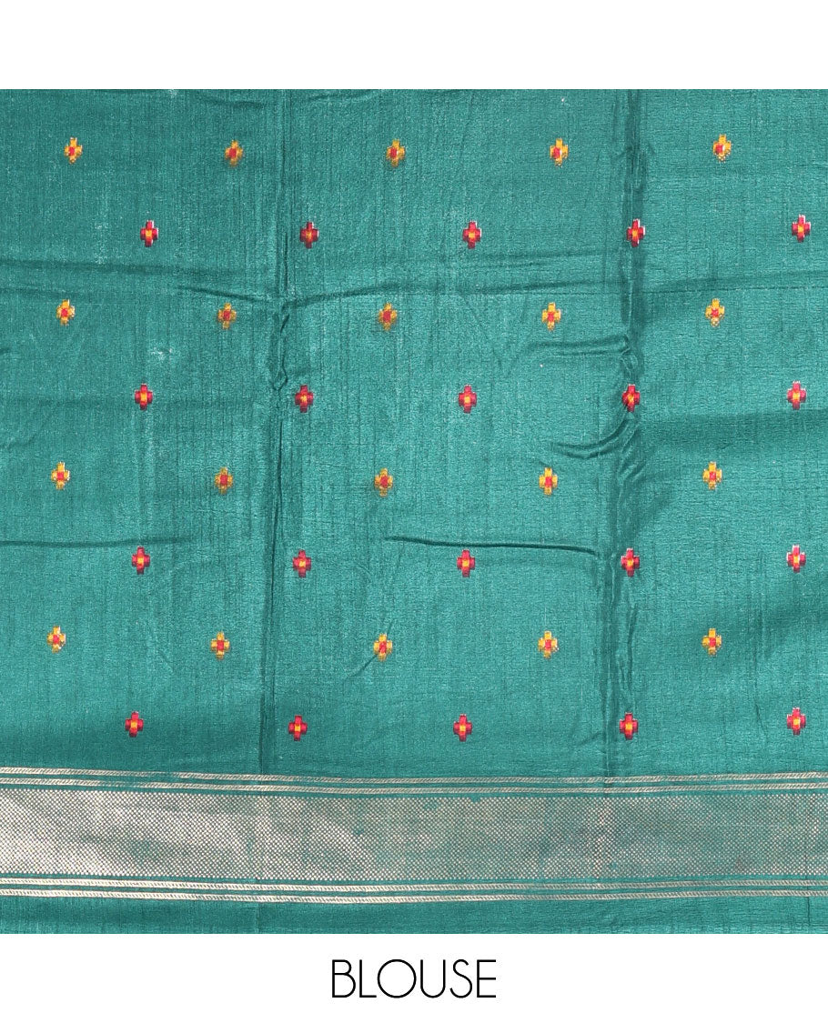 Half-white and green buttas enclosed jaal patterned patola-inspired pochampally dola silk saree, contrast green zari border, patola elephant pallu, and contrast blouse - Image 4