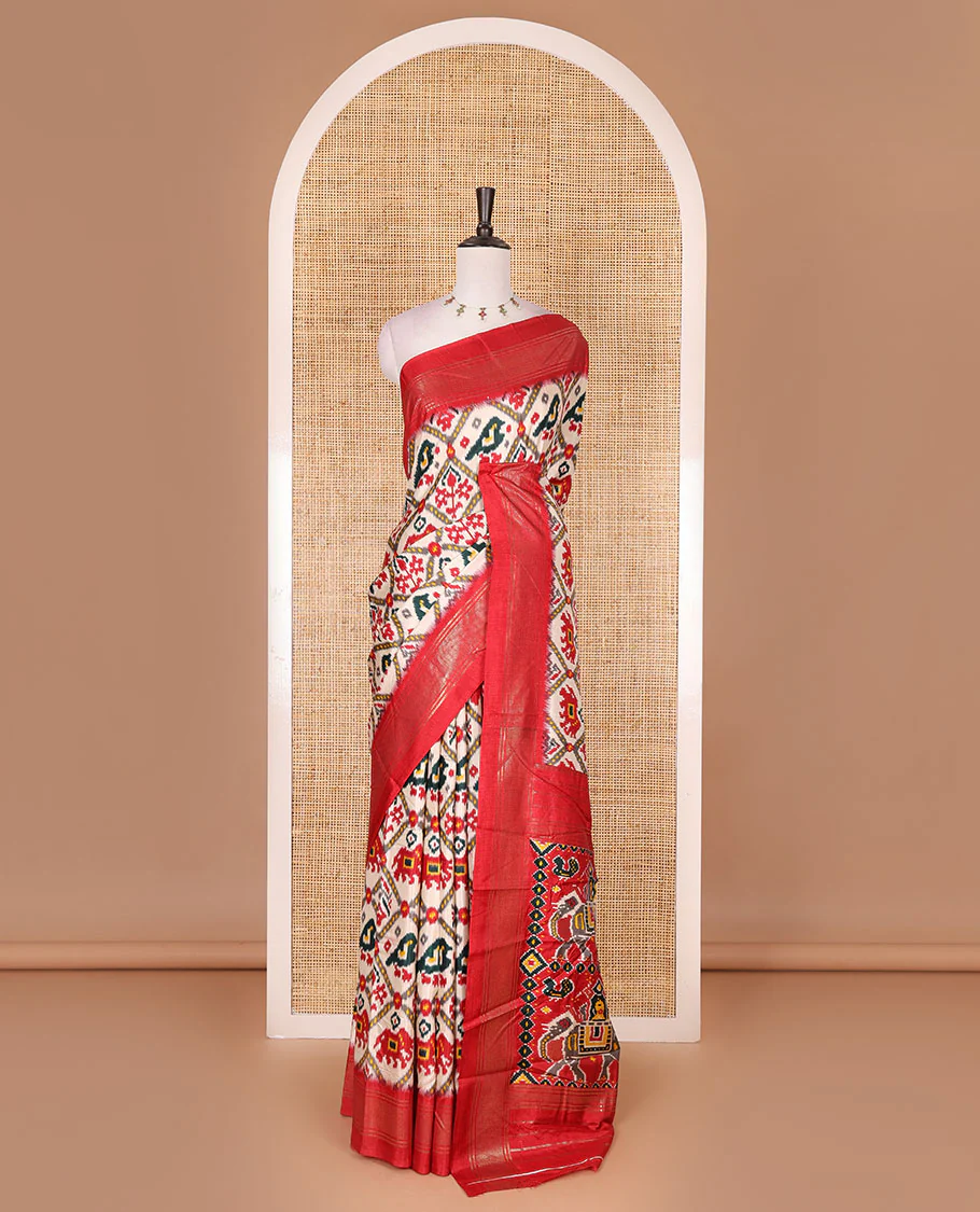 Half-white and red buttas enclosed jaal patterned patola-inspired pochampally dola silk saree, contrast red zari border, patola elephant pallu, and contrast blouse - Image 2
