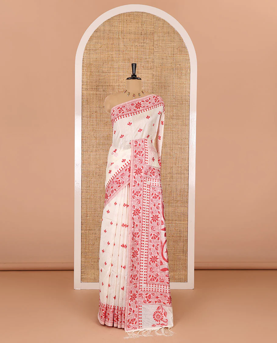 Half-white and red floral thread buttas woven jute cotton saree, floral thread weave border, floral-paisley weave pallu, and a matching blouse - Image 2