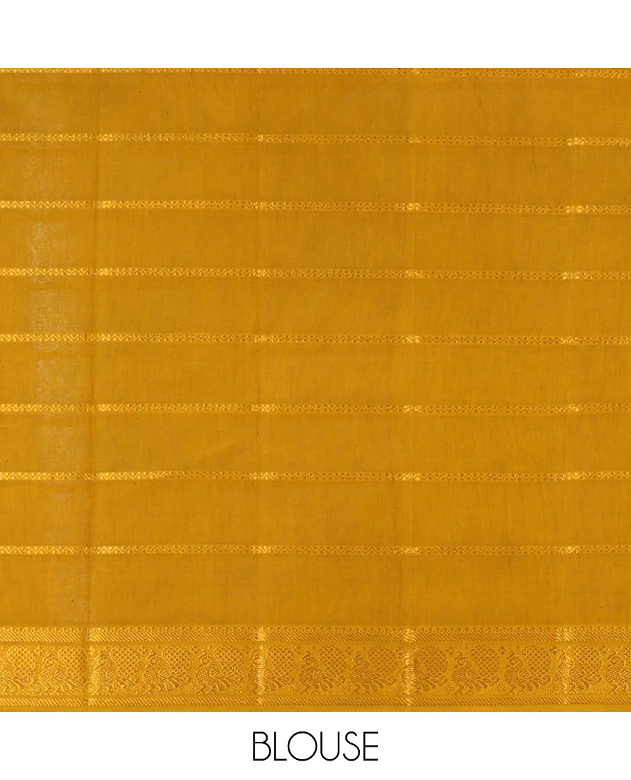 Half-white and yellow Veldhari striped Sungudi cotton saree, contrast traditional border of peacock buttas, zari striped pallu, and a contrast blouse - Image 3