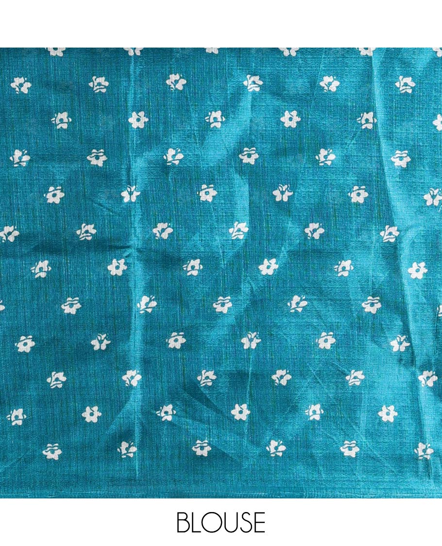 Half-white batik-style floral vine printed khadi cotton saree, contrast rama blue border, batik floral printed, and contrast flower motifs printed blouse - Image 4