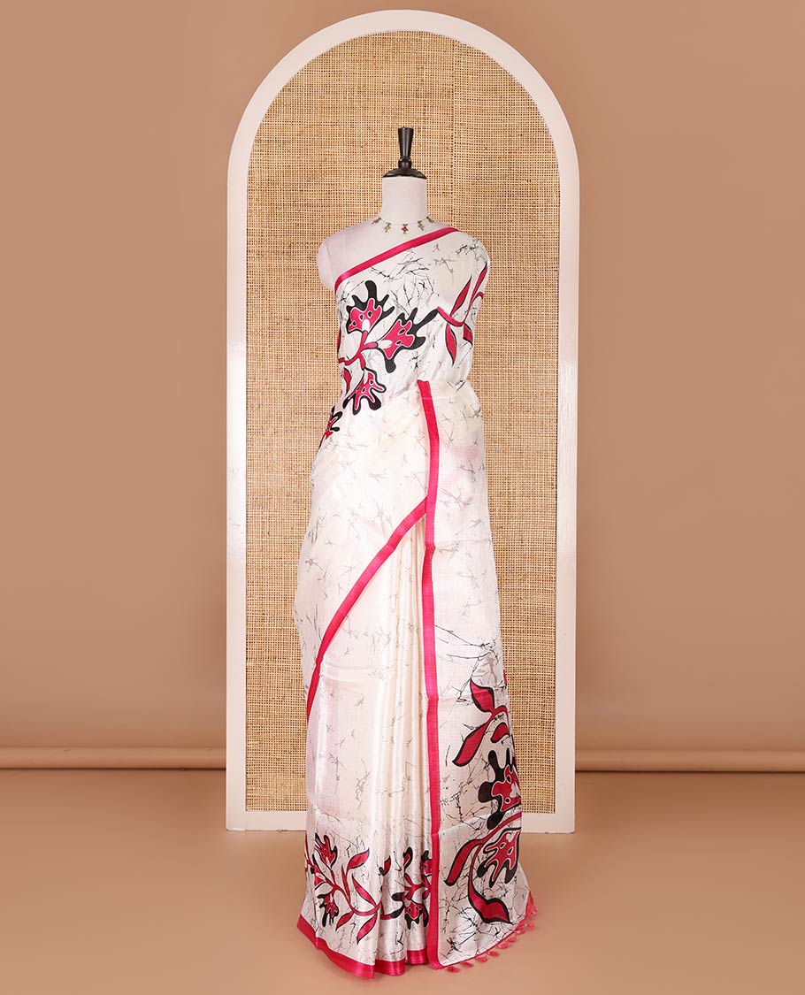 Half-white batik-style floral vine printed khadi cotton saree, contrast rani pink border, batik floral printed, and contrast flower motifs printed blouse - Image 2