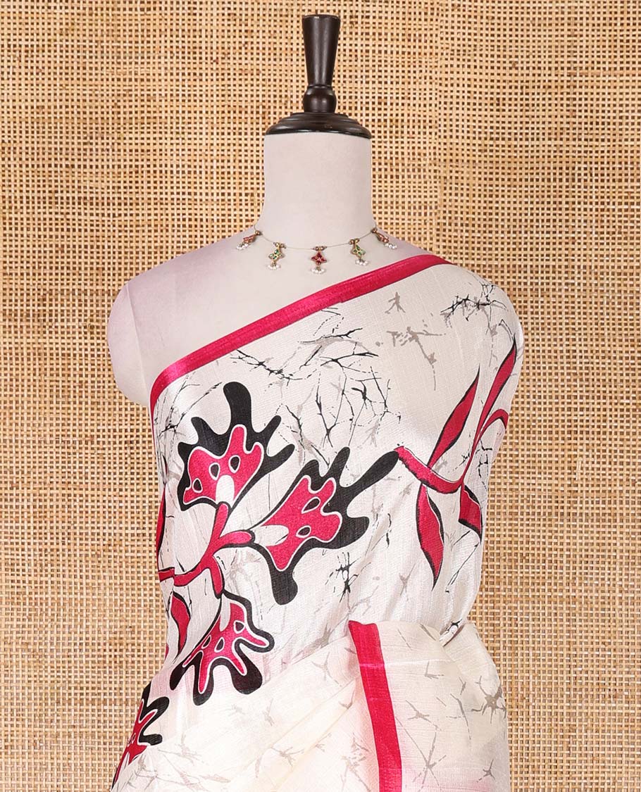 Half-white batik-style floral vine printed khadi cotton saree, contrast rani pink border, batik floral printed, and contrast flower motifs printed blouse - Image 3