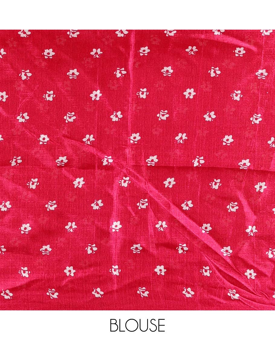 Half-white batik-style floral vine printed khadi cotton saree, contrast rani pink border, batik floral printed, and contrast flower motifs printed blouse - Image 4