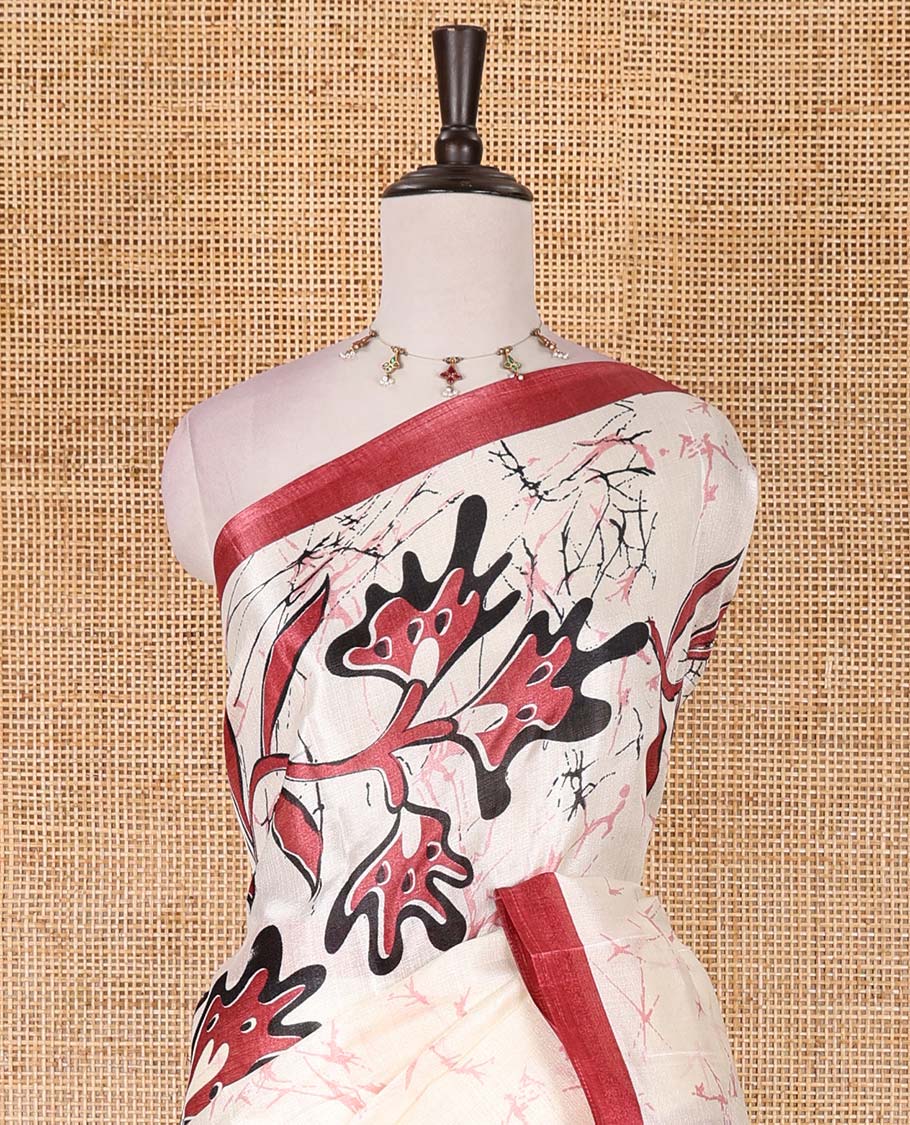 Half-white batik-style floral vine printed khadi cotton saree, contrast red border, batik floral printed, and contrast flower motifs printed blouse - Image 3