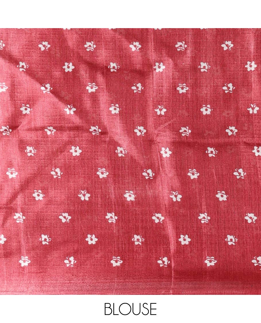 Half-white batik-style floral vine printed khadi cotton saree, contrast red border, batik floral printed, and contrast flower motifs printed blouse - Image 4