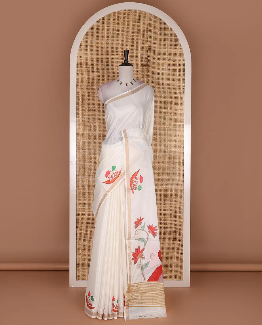 Half-white boat motifs printed Kerala cotton saree, zari border, pallu of kathakali print, and a matching blouse - Image 2