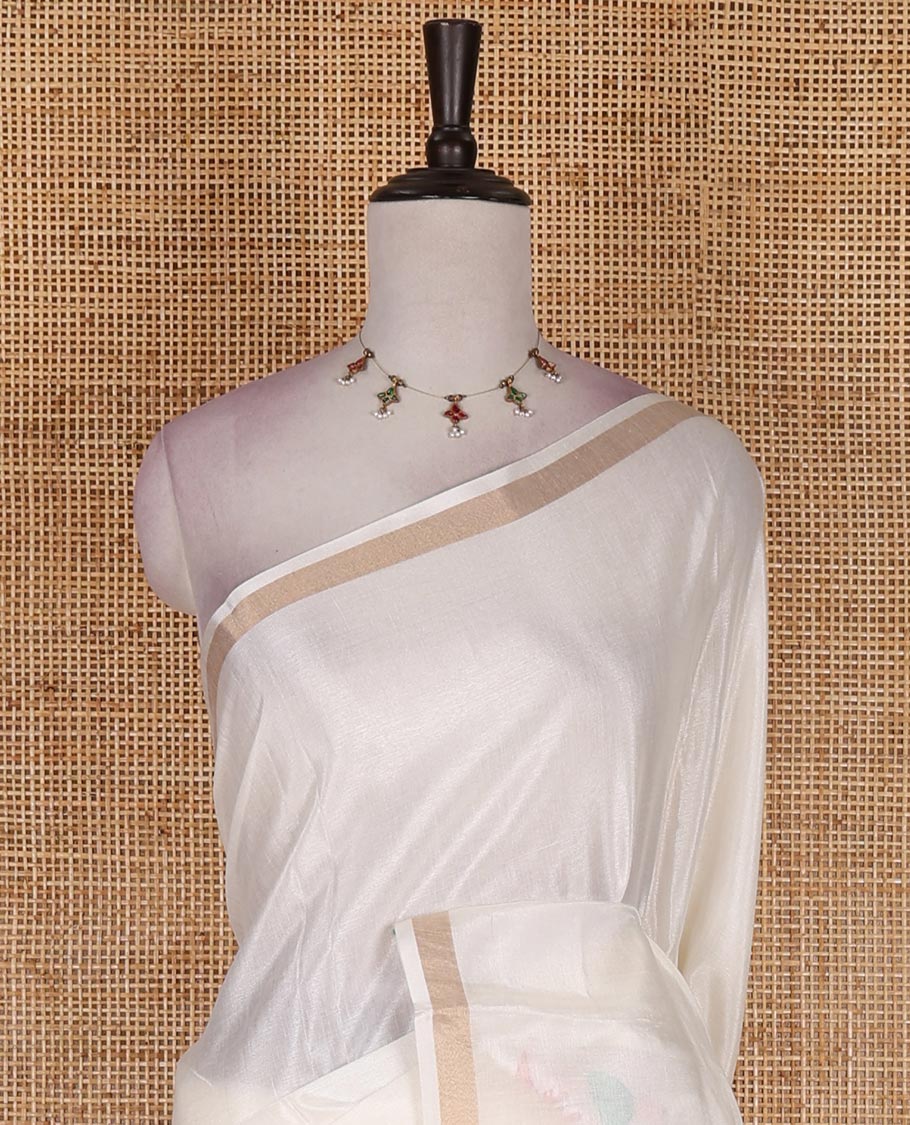 Half-white boat motifs printed Kerala cotton saree, zari border, pallu of kathakali print, and a matching blouse - Image 3