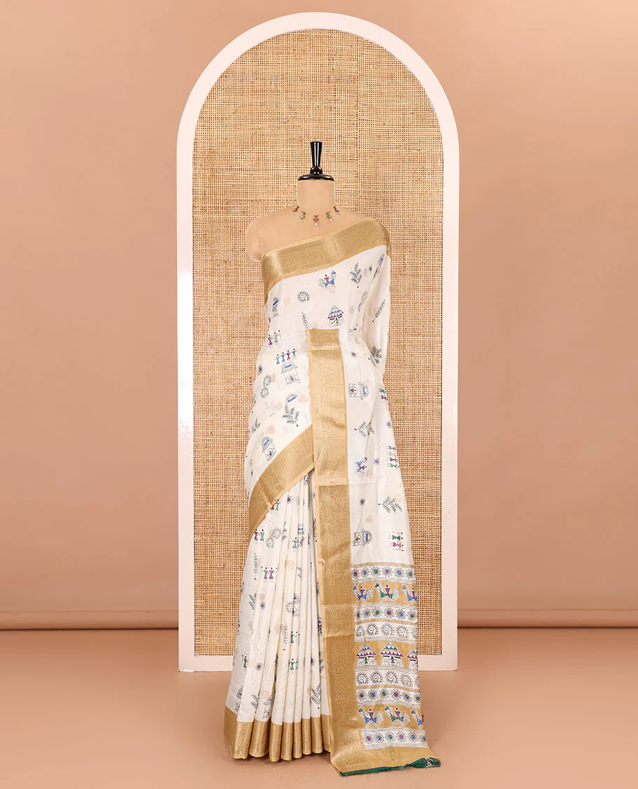 Half-white buttas with warli village motifs printed dola silk saree, contrast traditional zari border of paisleys, warli printed pallu, and a contrast printed blouse - Image 2
