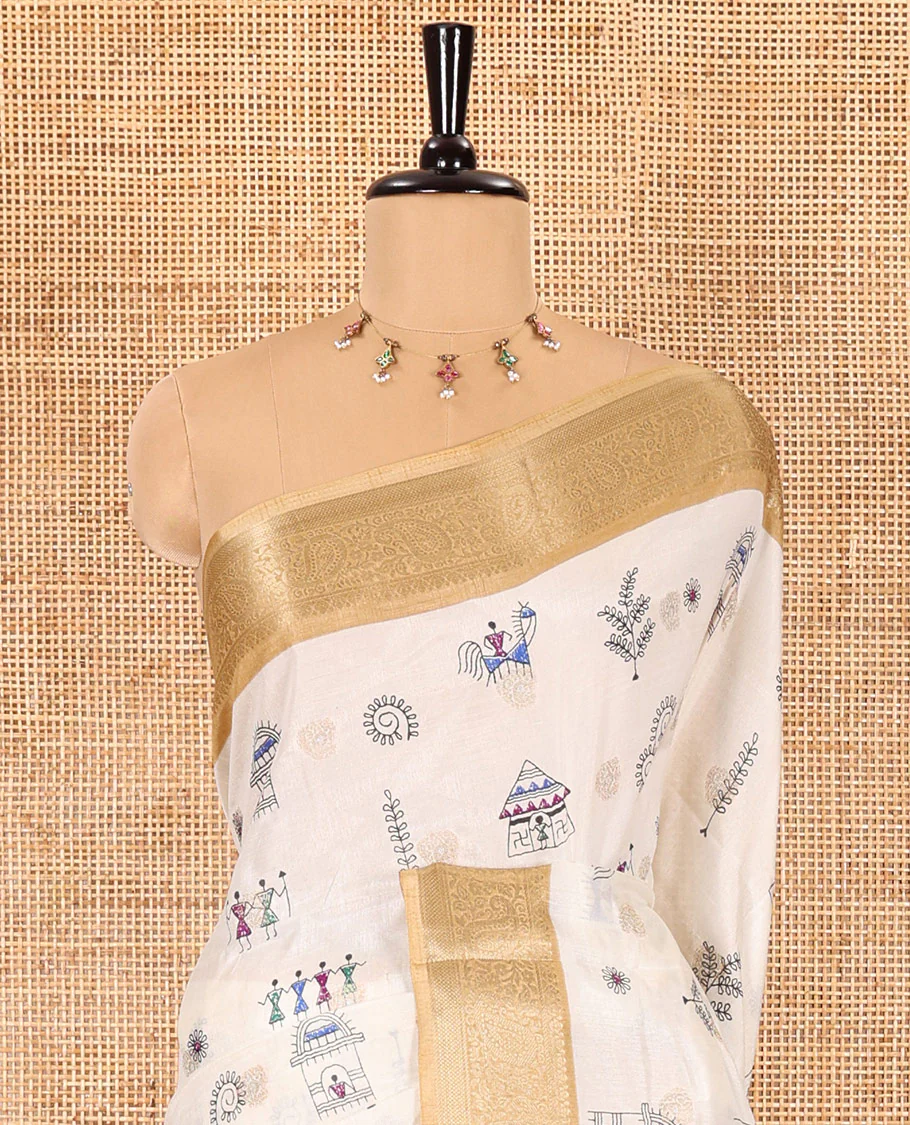 Half-white buttas with warli village motifs printed dola silk saree, contrast traditional zari border of paisleys, warli printed pallu, and a contrast printed blouse - Image 3