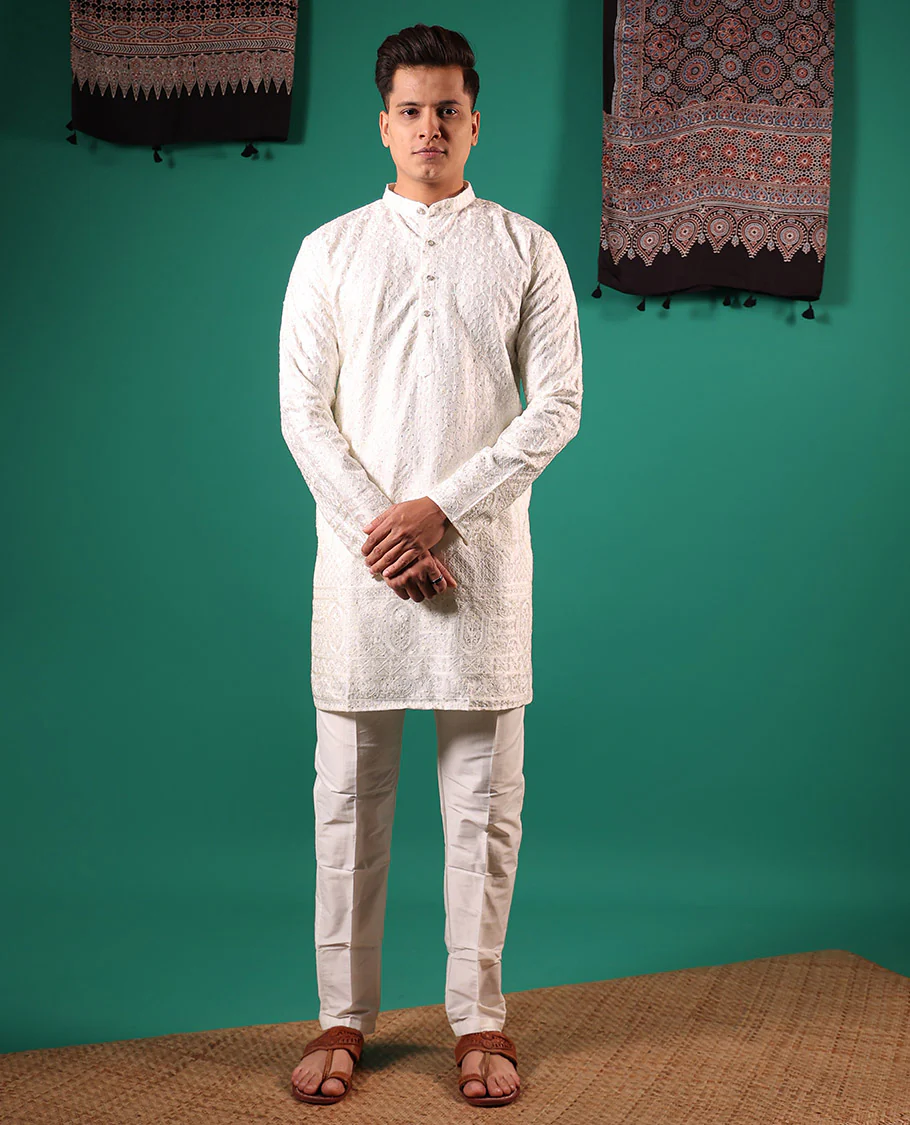 Half-white chikankari style embroidered with micro stone work full-sleeved men's kurta - Image 2