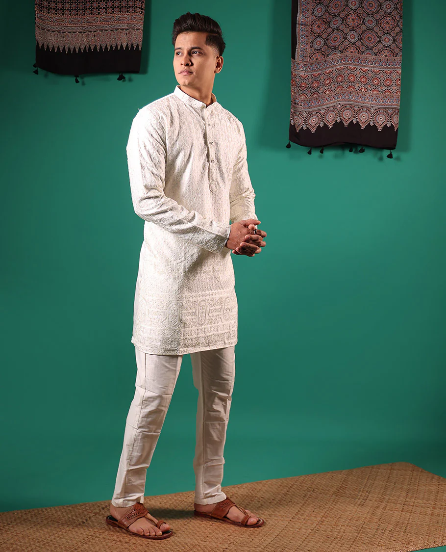 Half-white chikankari style embroidered with micro stone work full-sleeved men's kurta - Image 3