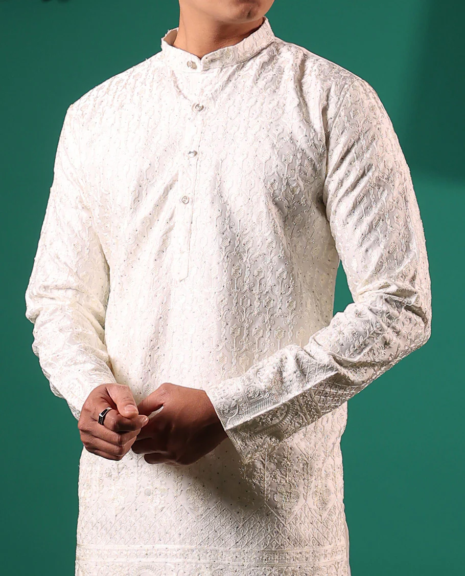 Half-white chikankari style embroidered with micro stone work full-sleeved men's kurta - Image 4