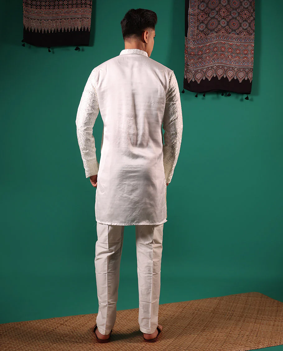 Half-white chikankari style embroidered with micro stone work full-sleeved men's kurta - Image 5