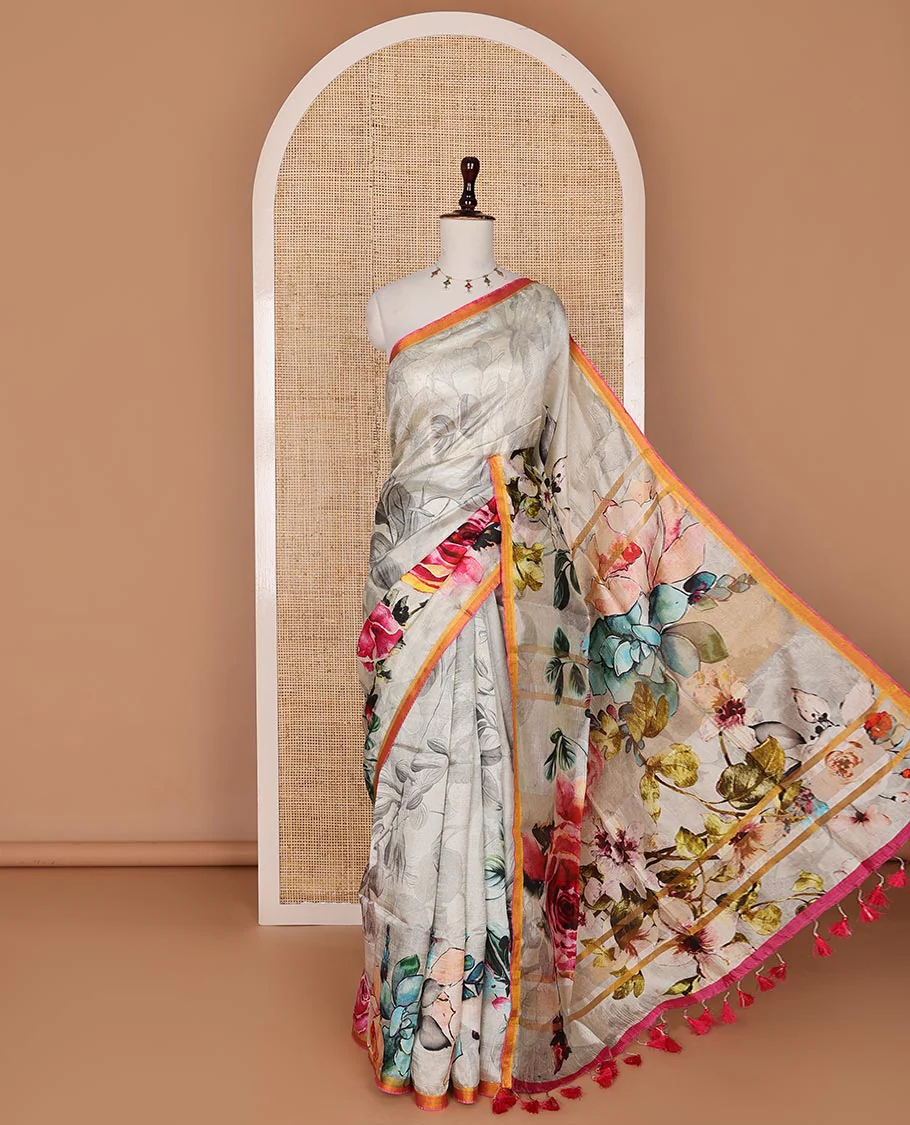 Half-white colorful floral printed banana pith saree, contrast piping border, and floral motifs printed pallu - Image 3