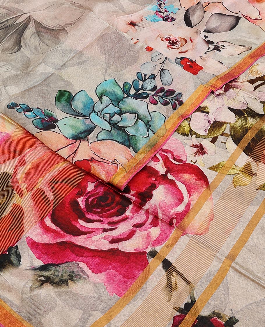 Half-white colorful floral printed banana pith saree, contrast piping border, and floral motifs printed pallu - Image 4