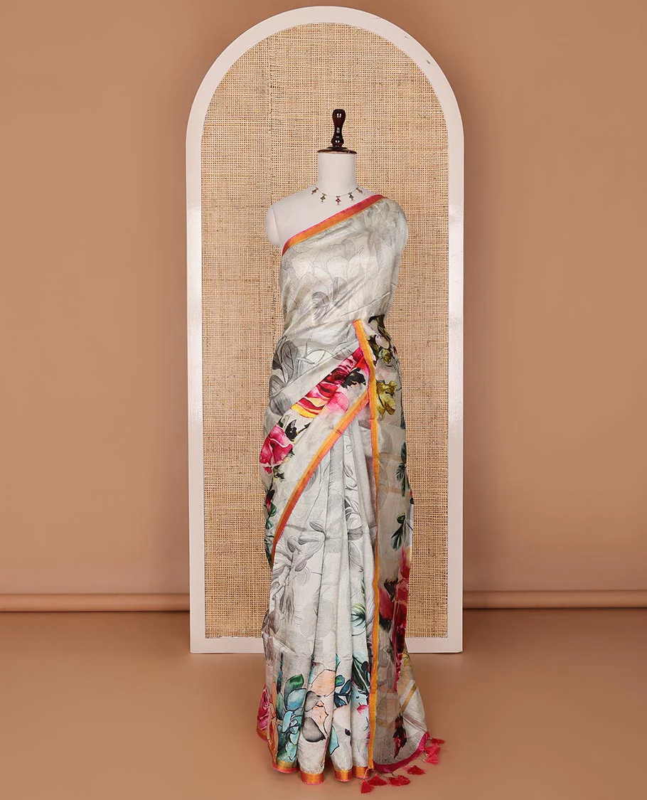 Half-white colorful floral printed banana pith saree, contrast piping border, and floral motifs printed pallu - Image 5