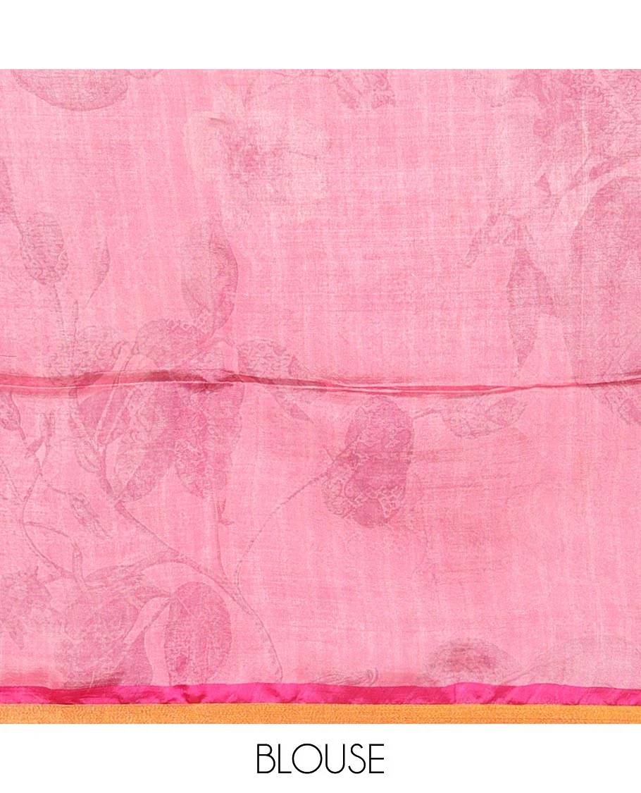 Half-white colorful floral printed banana pith saree, contrast piping border, and floral motifs printed pallu - Image 7