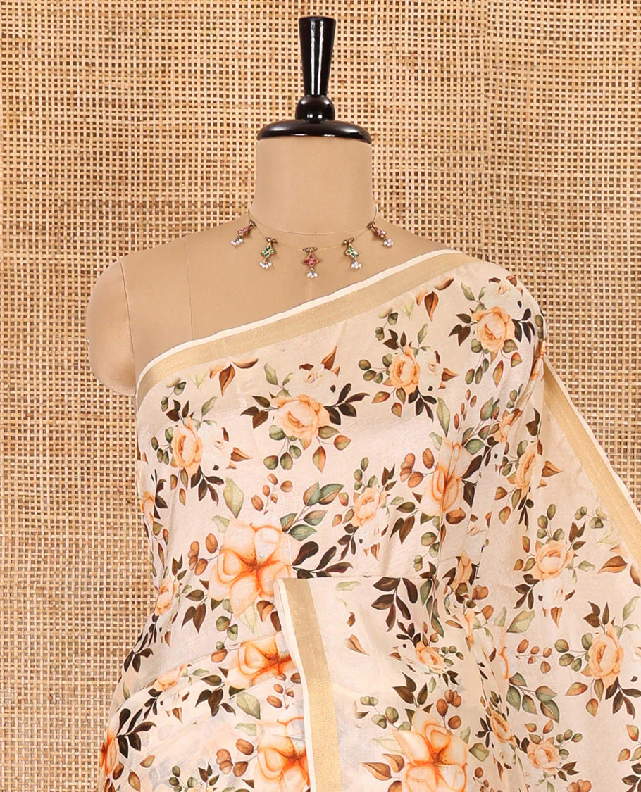 Half-white floral motifs digital printed banana pith saree, piping border, striped pallu, and floral printed blouse - Image 2