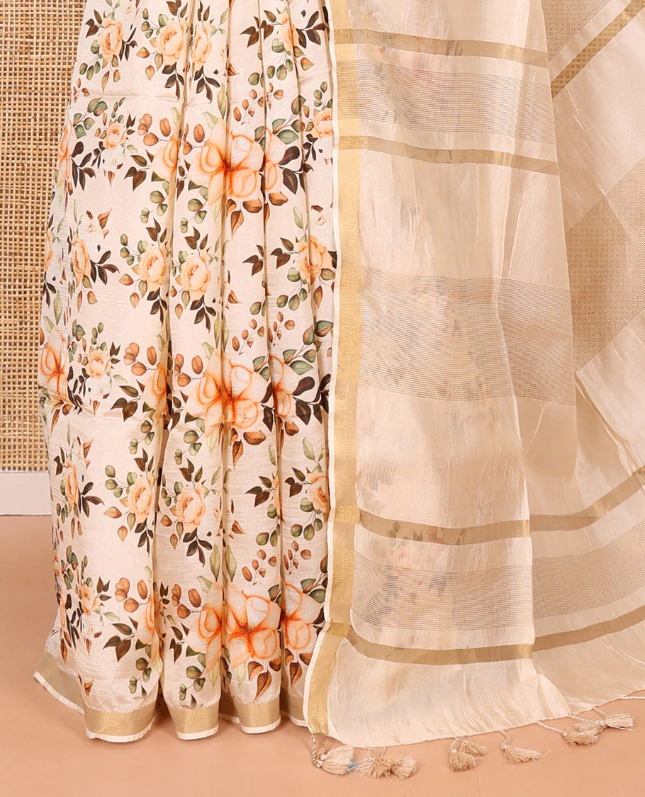 Half-white floral motifs digital printed banana pith saree, piping border, striped pallu, and floral printed blouse - Image 3