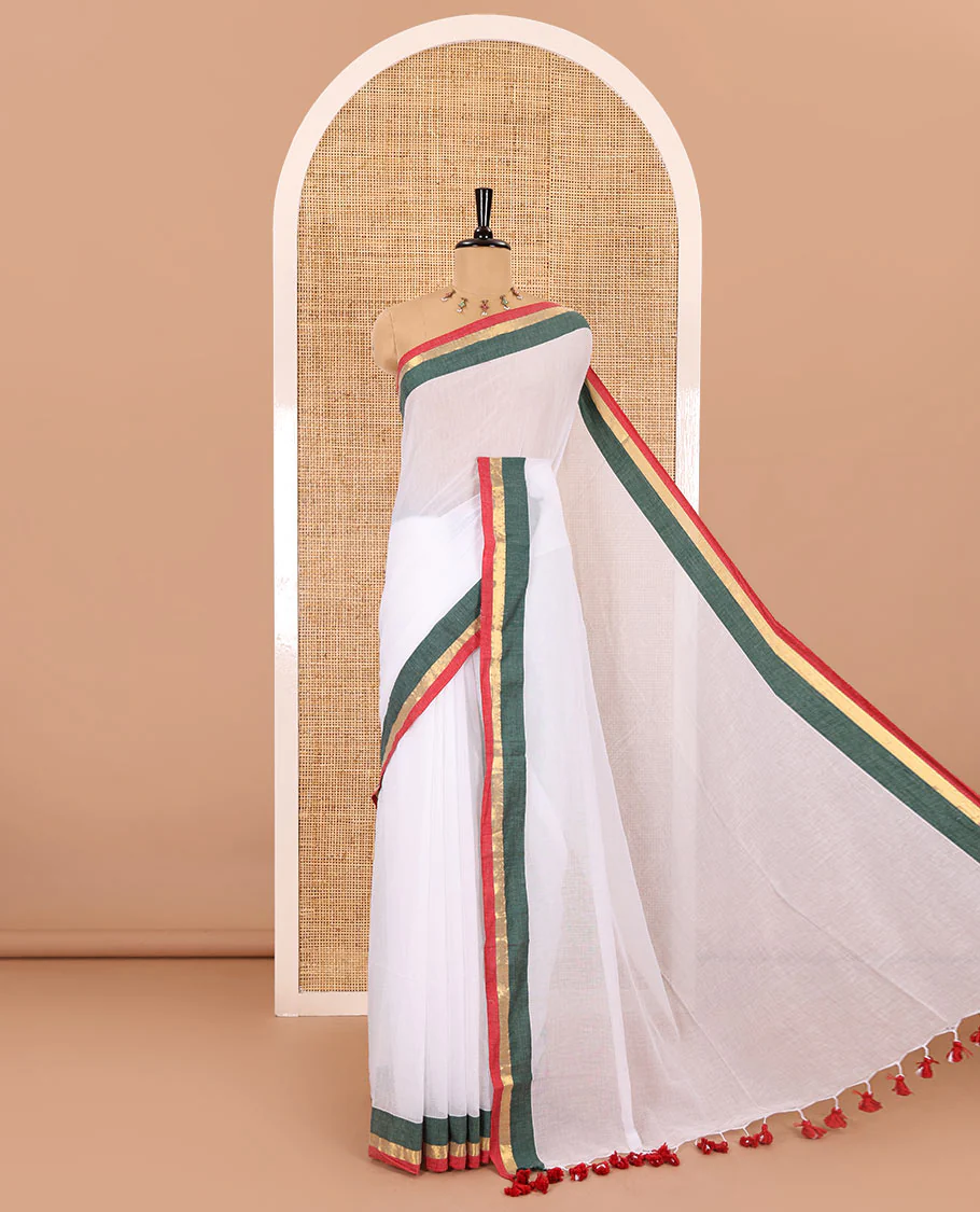 Half-white full-plain Khadi mul cotton saree, contrast red and green zari border, plain pallu, and a plain blouse