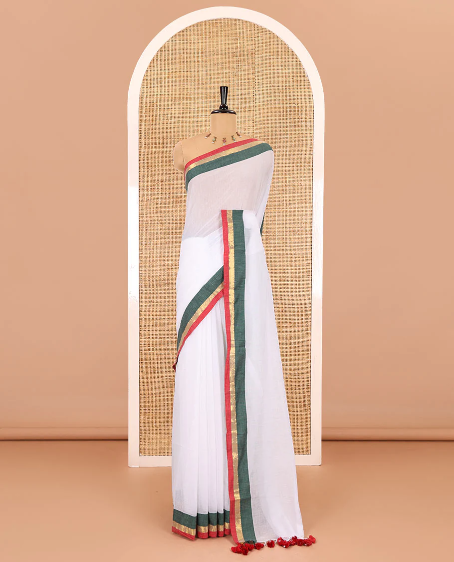 Half-white full-plain Khadi mul cotton saree, contrast red and green zari border, plain pallu, and a plain blouse - Image 2
