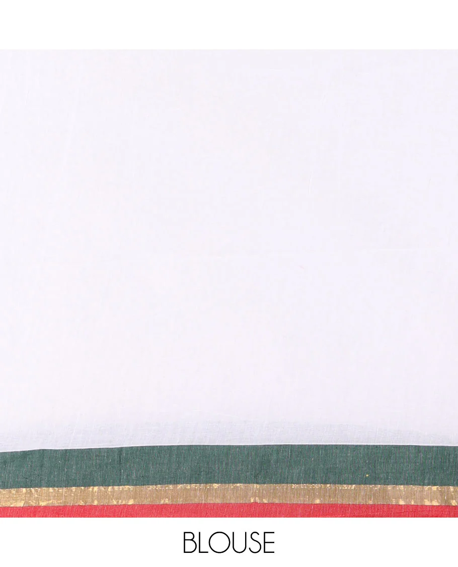 Half-white full-plain Khadi mul cotton saree, contrast red and green zari border, plain pallu, and a plain blouse - Image 4
