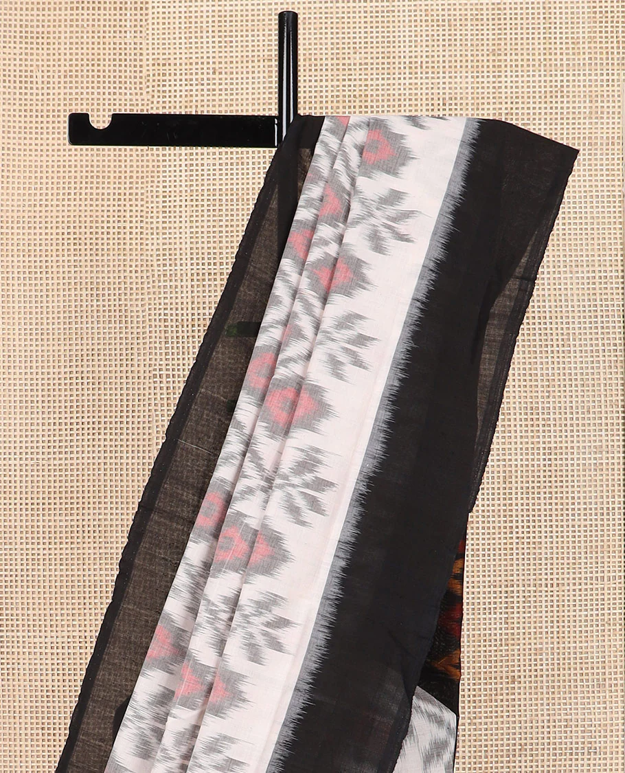 Half-white geometric design Pochampally ikkat saree, contrast plain black border, and ikkat design pallu - Image 3