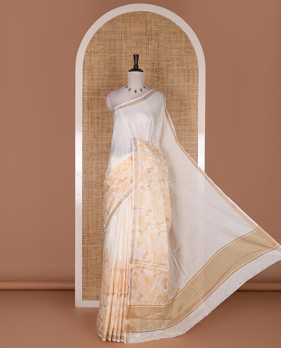 Half-white human motifs and floral printed Kerala cotton saree, zari border, striped pallu, and matching blouse