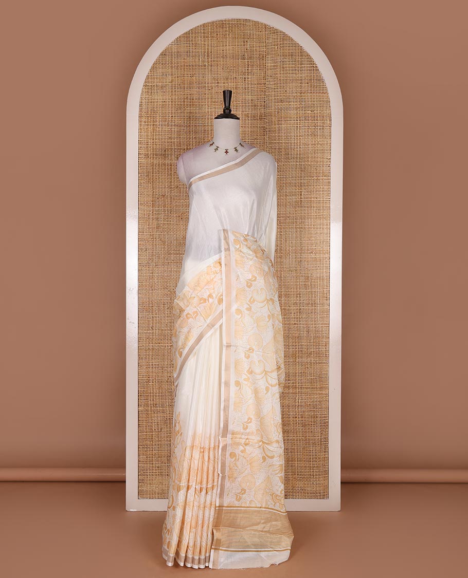 Half-white human motifs and floral printed Kerala cotton saree, zari border, striped pallu, and matching blouse - Image 2
