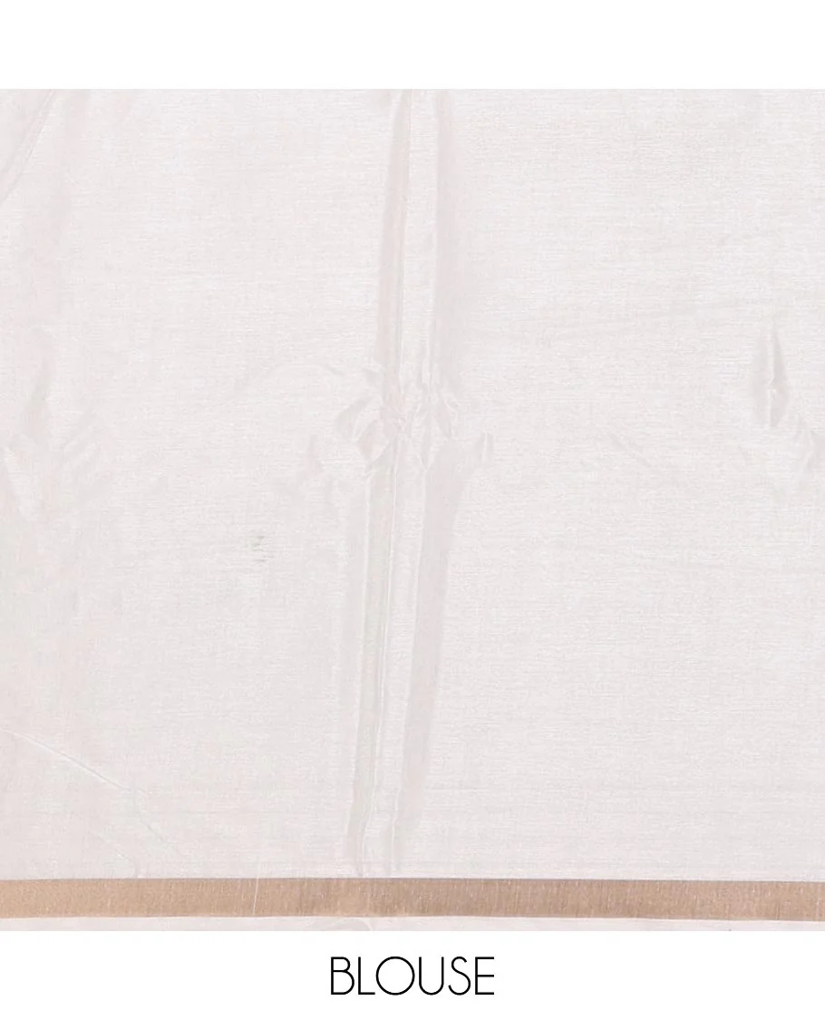 Half-white human motifs and floral printed Kerala cotton saree, zari border, striped pallu, and matching blouse - Image 4