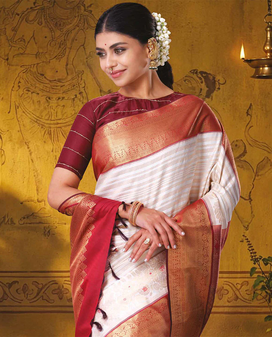 Half-white jacquard with floral meenakari design kanchipuram wedding silk saree, contrast border of thilakam, kodi visiry, laddu kamalam, and then kuli kann designs, and jaal pallu - Image 2