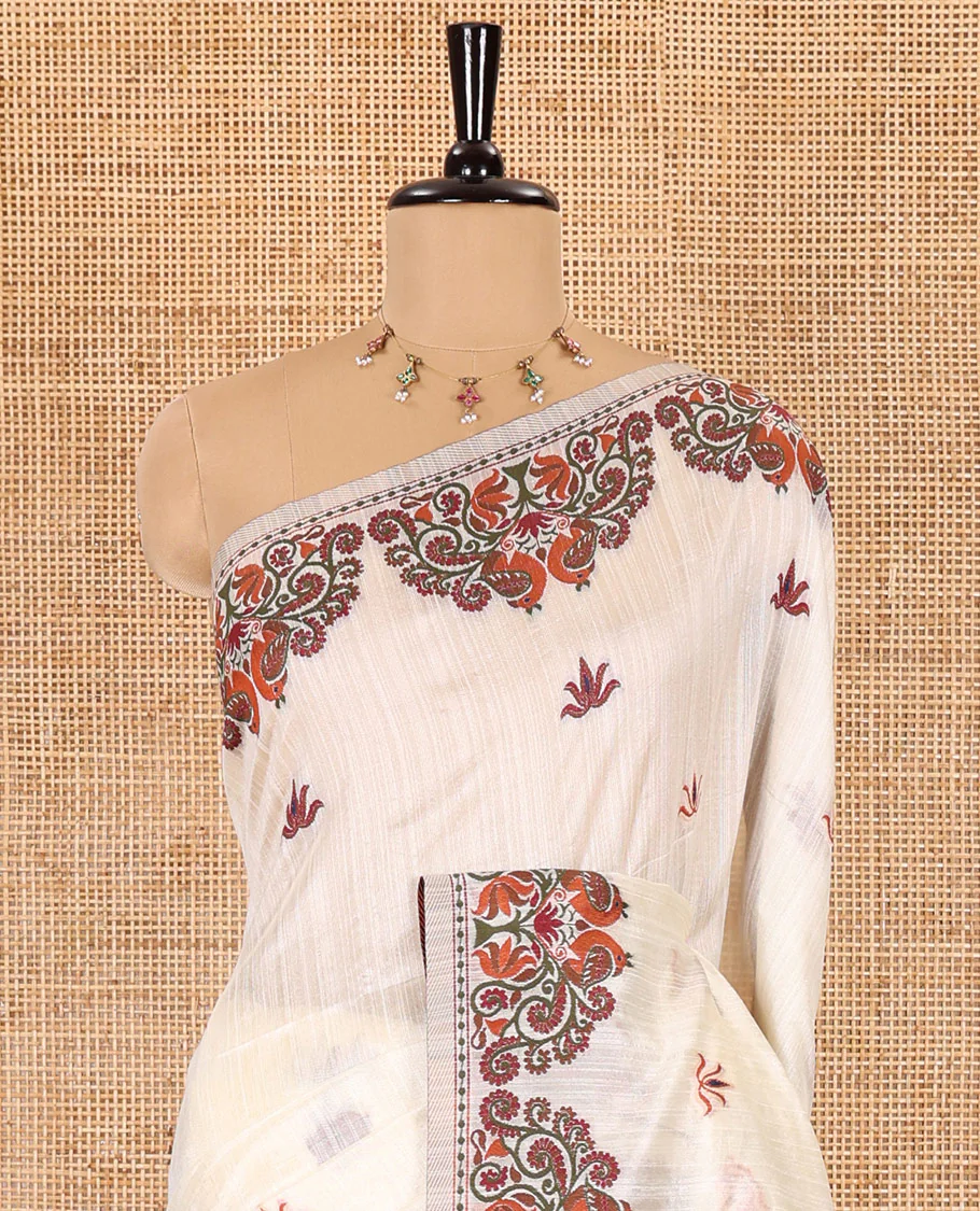 Half-white lotus motifs thread woven jute cotton, scallop thread woven border, pallu of lotus, peacock and paisley designs along with a plain blouse - Image 3