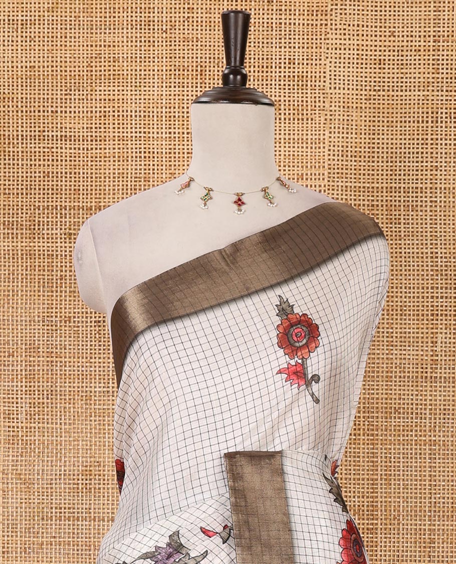 Half-white micro-checked kalamkari floral peacock printed tissue organza saree, contrast zari border, kalamkari printed pallu & contrast printed blouse - Image 3