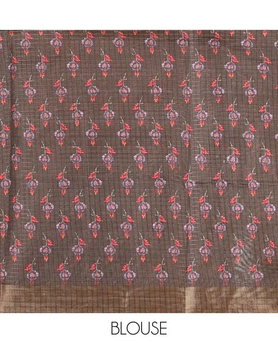 Half-white micro-checked kalamkari floral peacock printed tissue organza saree, contrast zari border, kalamkari printed pallu & contrast printed blouse - Image 4