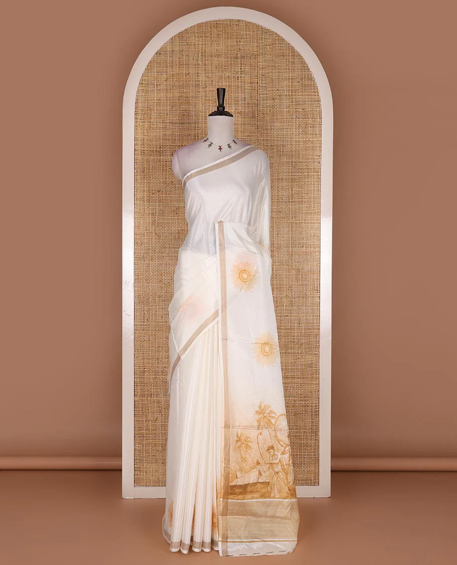 Half-white sunflower printed Kerala cotton saree, zari border, pallu of farming theme print, and matching blouse - Image 2