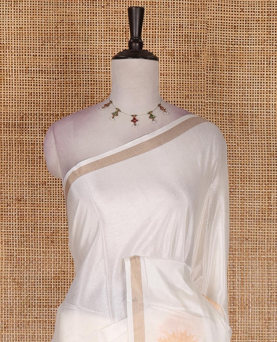 Half-white sunflower printed Kerala cotton saree, zari border, pallu of farming theme print, and matching blouse - Image 3