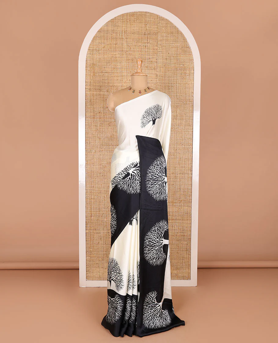 Half-white tree motifs digitally printed Gajji silk saree with contrast printed border of upside down tree motifs, and contrast printed blouse - Image 2