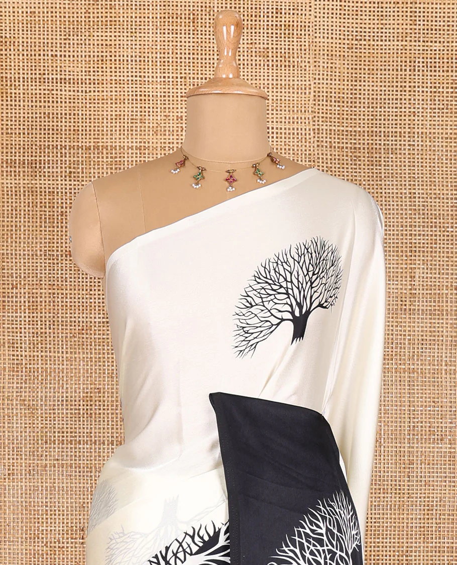 Half-white tree motifs digitally printed Gajji silk saree with contrast printed border of upside down tree motifs, and contrast printed blouse - Image 3
