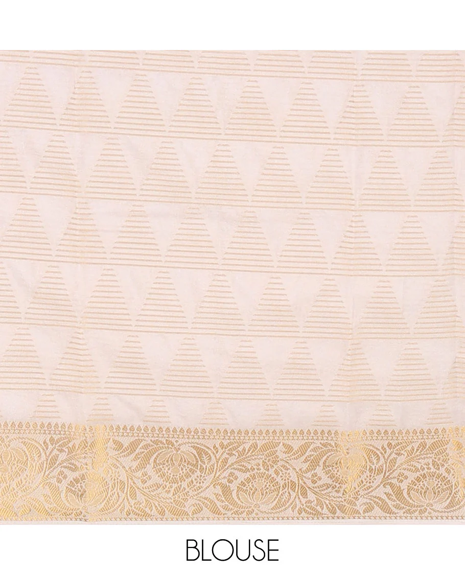 Half-white triangle motifs zari-woven viscose georgette saree,floral creeper zari border, lining seer pallu & zari design running blouse - Image 3