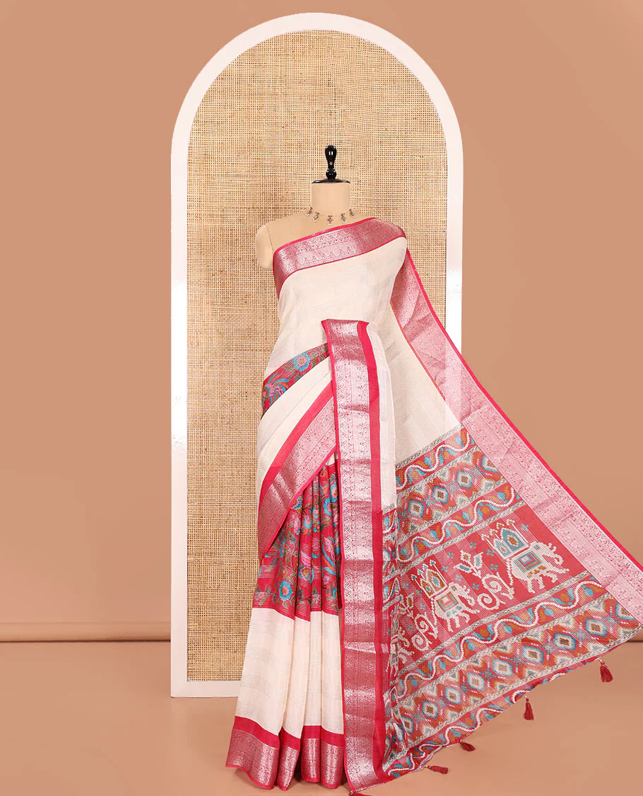 Half-White Viscose Georgette Adorned with Horizontal Zari Stripes and Floral Prints, Complemented by a Contrast Traditional Zari Border, a Printed Pallu with Patola Patterns, and a Contrast Blouse