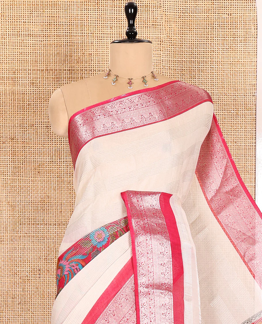 Half-White Viscose Georgette Adorned with Horizontal Zari Stripes and Floral Prints, Complemented by a Contrast Traditional Zari Border, a Printed Pallu with Patola Patterns, and a Contrast Blouse - Image 2